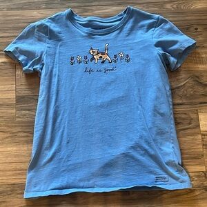 Life Is Good Blue Tee with Cat and Floral Design